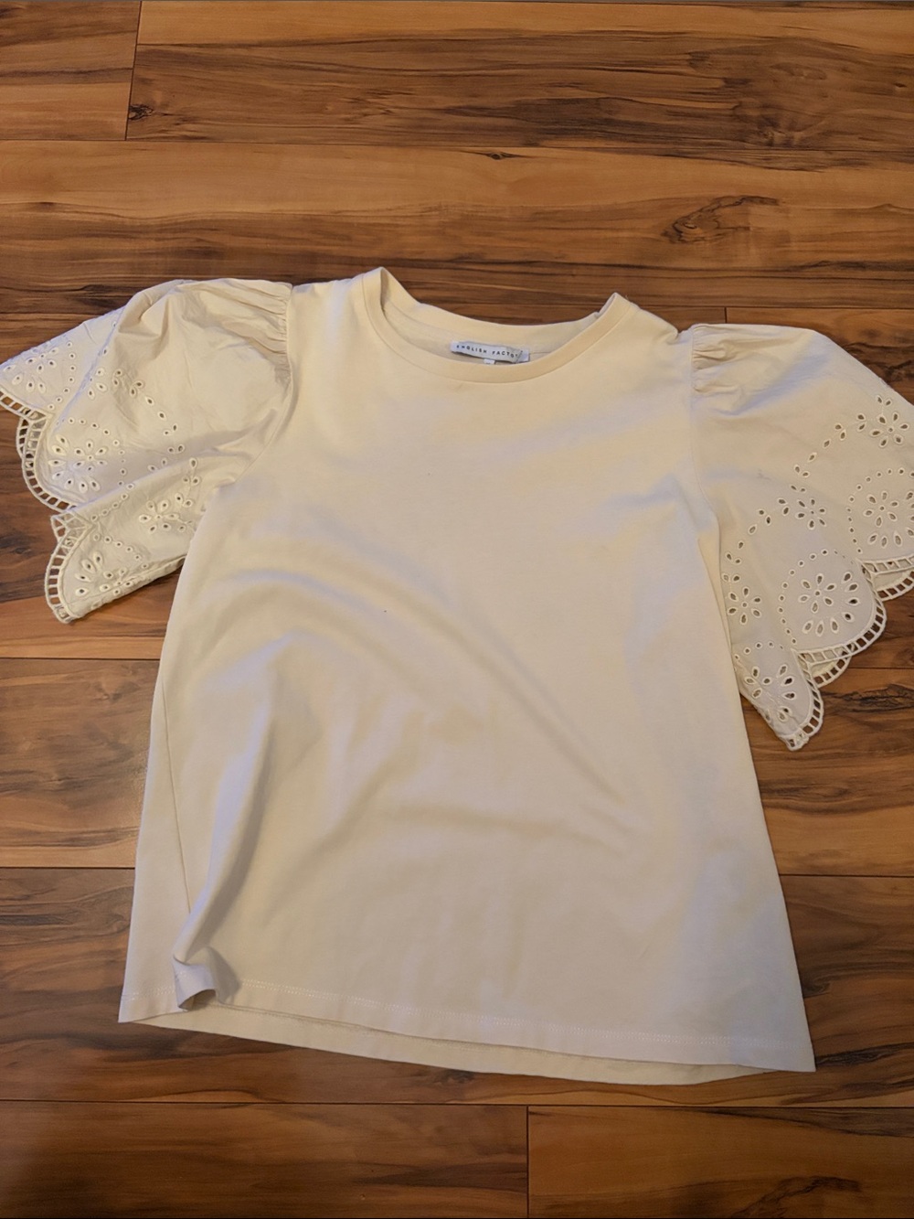 English Factory Cream Crewneck Top with Subtle Eyelet Sleeves
